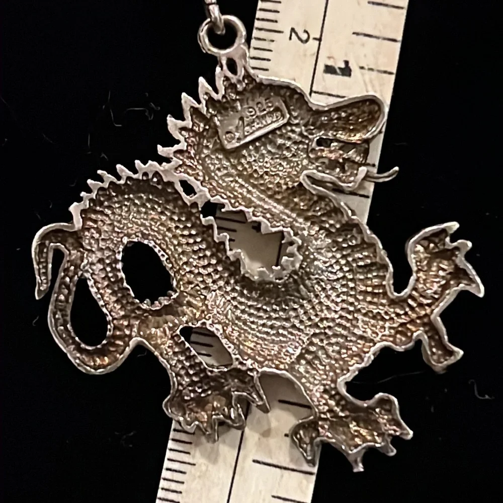 Vintage Sterling Silver dragon pendant & Italy silver rope necklace 18”